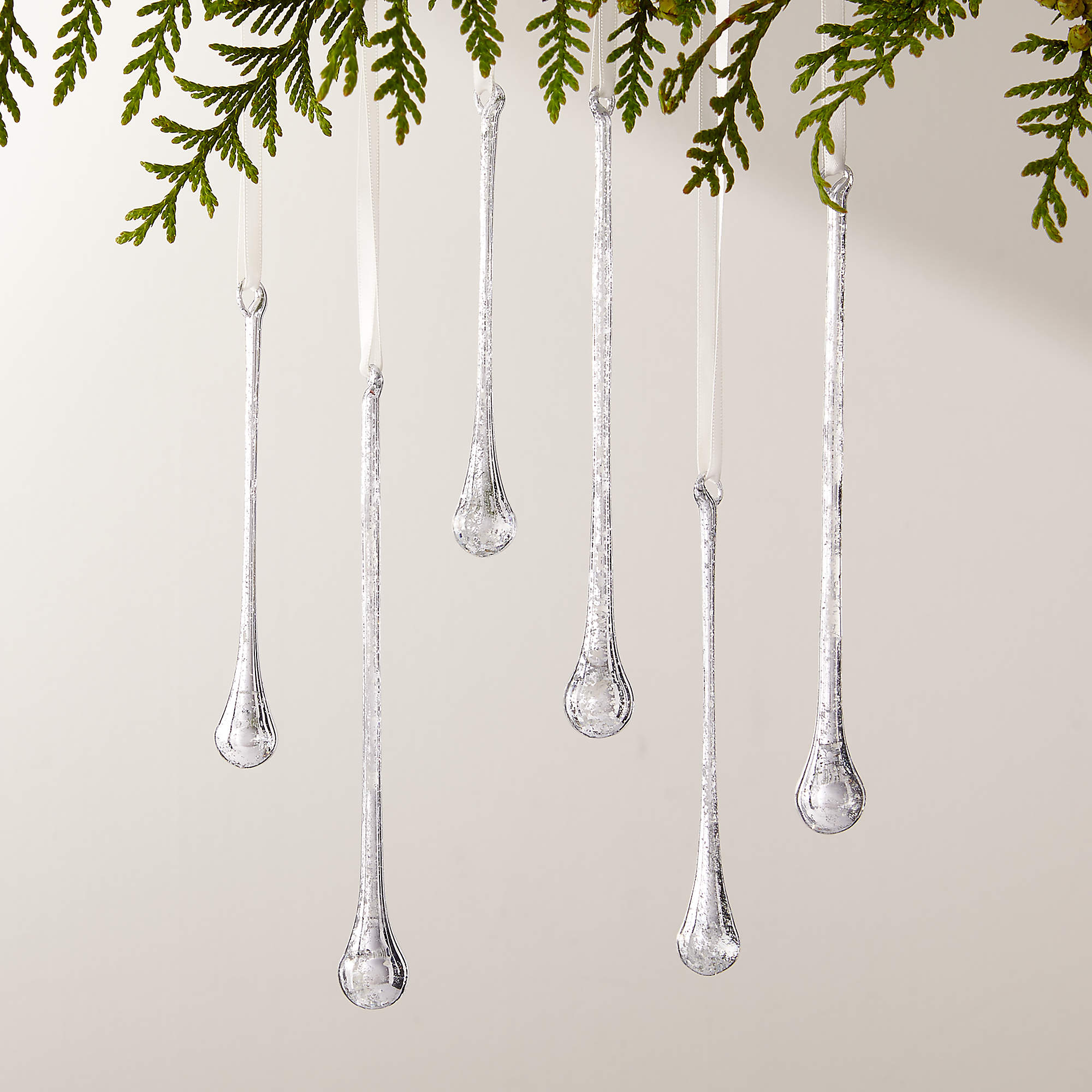Hailee Teardrop Silver Mercury Glass Christmas Tree Ornaments Set of 6_crate&barrel.com