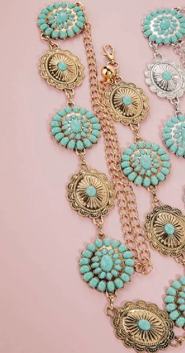 Abstract Oval Western Turquoise Concho Chain Belt_Paperdoll.ca