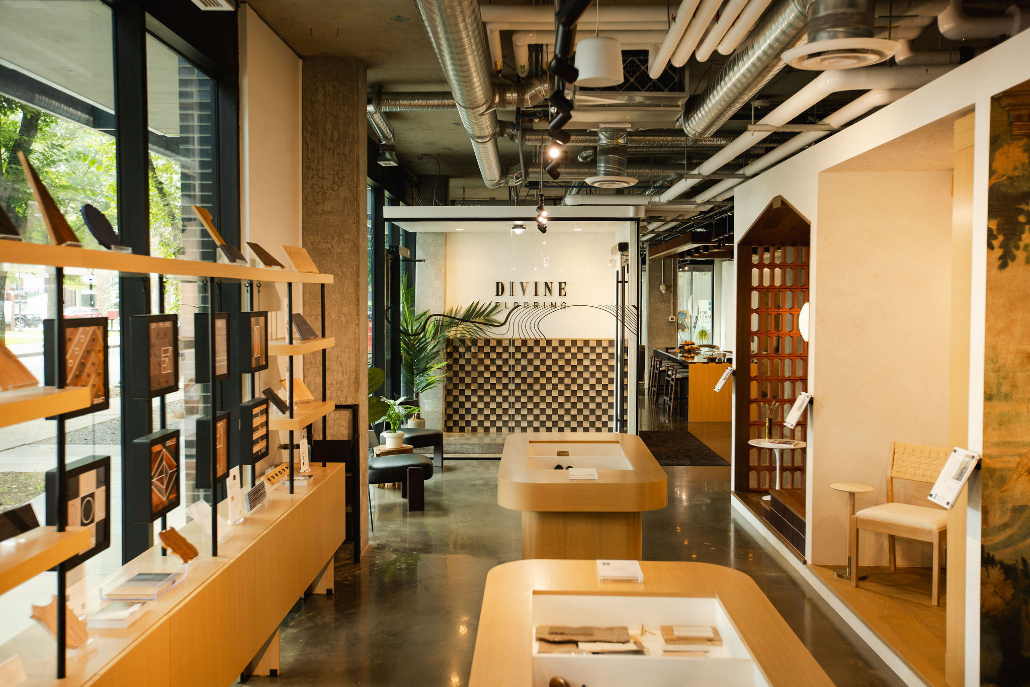 Luxury flooring showroom with carpet and material displays